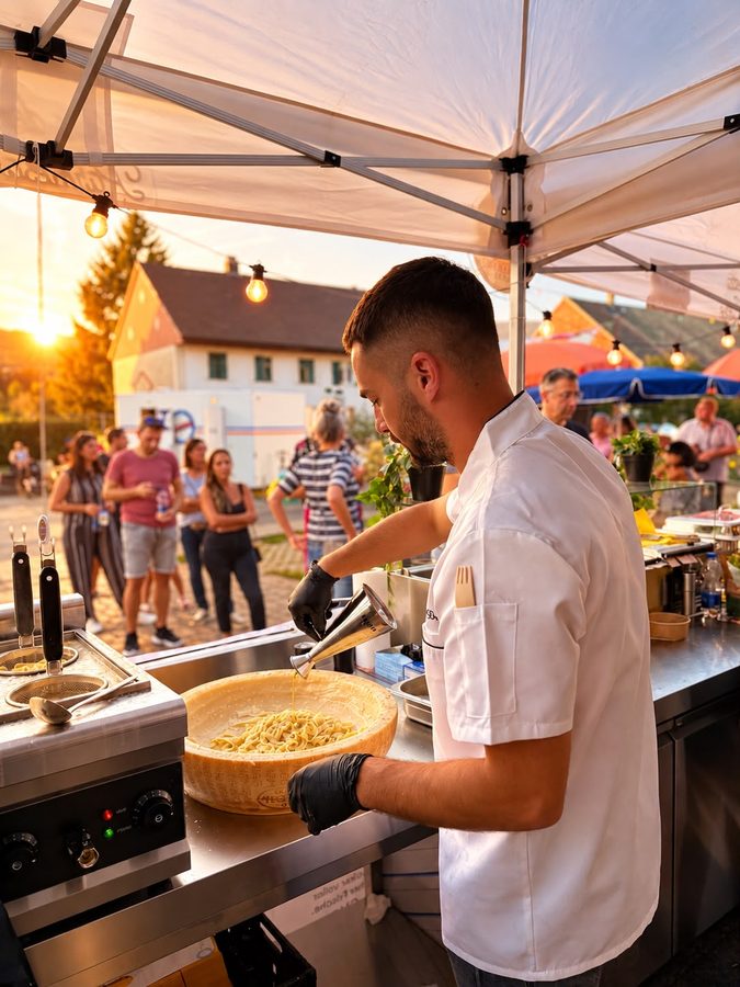 Der Koch gibt Käse über die Pasta im Rad.