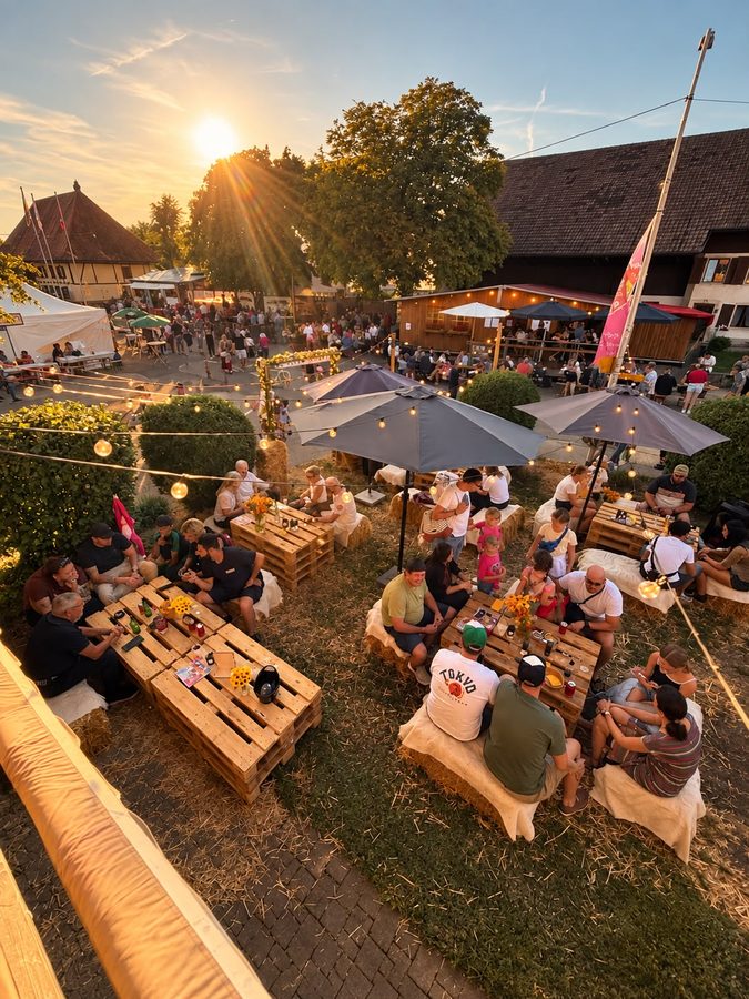 Festgarten mit Palettentischen und Gästen in der Abendsonne.